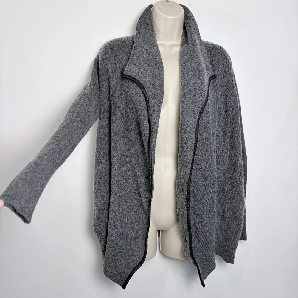 VINCE Cashmere Wool Blend Cardigan Leather Trim Open Front‎ XS Dark Gray Lux